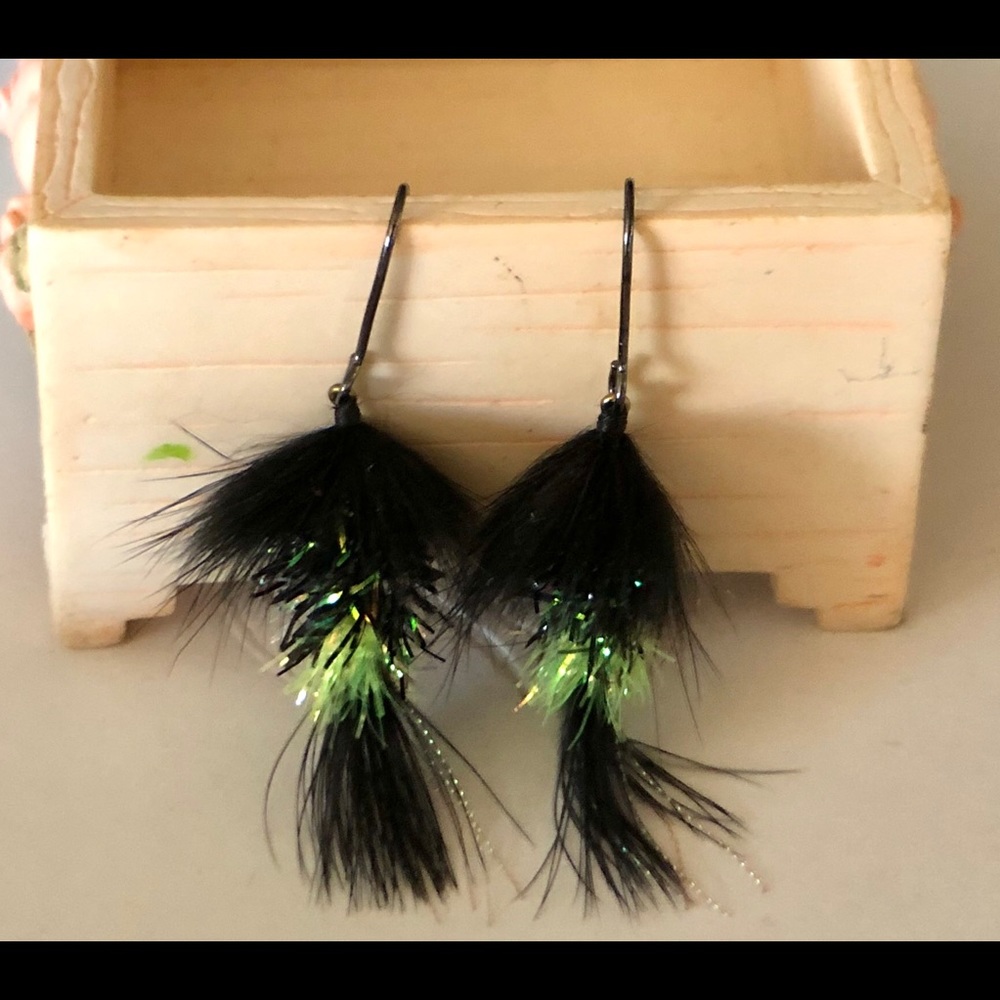 Earrings, metal hooks, black and green hand made.
